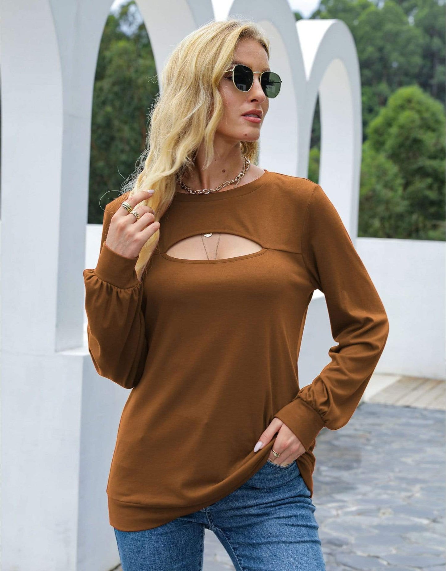 Anna-Kaci Cut Out Pullover Long Sleeve Solid Color Top for Women Large 8-10 / Beige