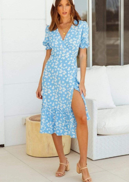 Anna-Kaci Daisy Floral Print Ruffle Cross V Neck Short Sleeve Maxi Dress for Women