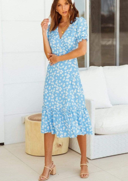 Anna-Kaci Daisy Floral Print Ruffle Cross V Neck Short Sleeve Maxi Dress for Women Small 0-4 / Blue