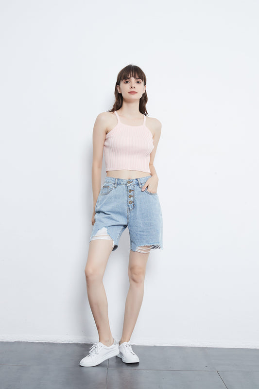 Anna-Kaci Distressed 4 Button Premium Denim Shorts | Anna-Kaci