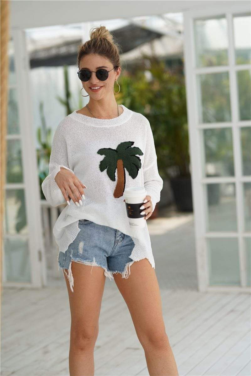 Anna-Kaci Distressed Ripped Hem Palm Tree Print Light Long Sleeve Top for Women