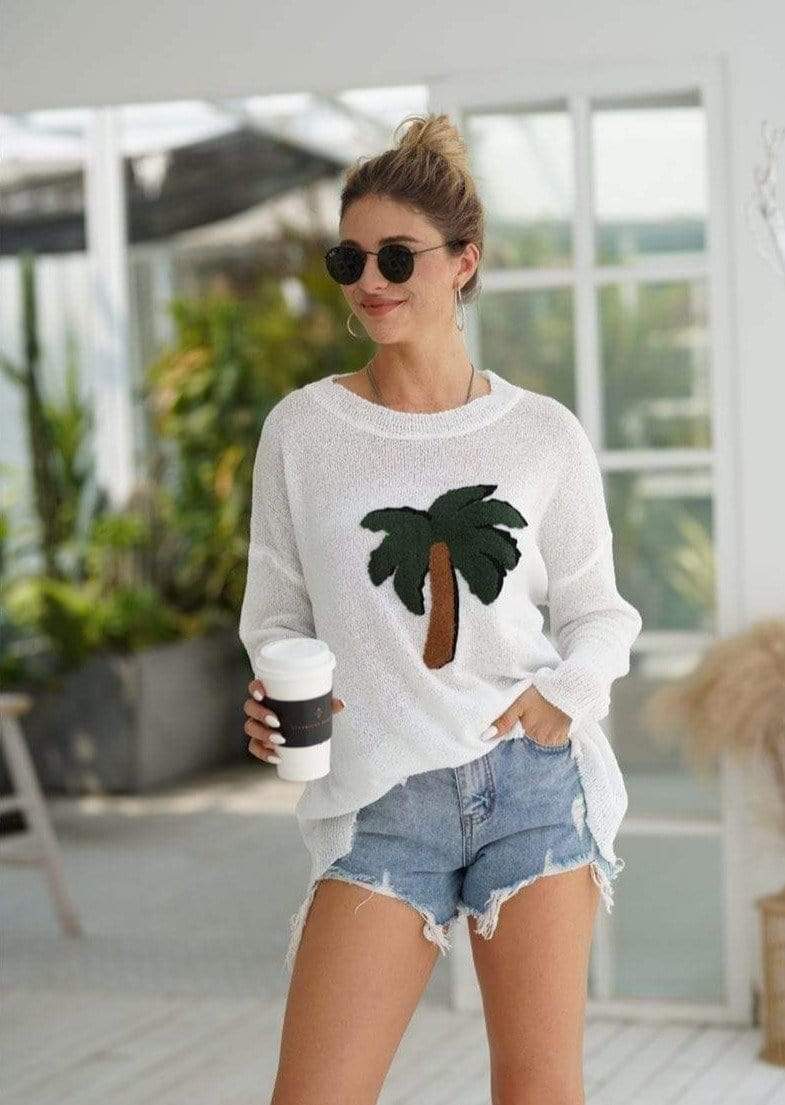 Anna-Kaci Distressed Ripped Hem Palm Tree Print Light Long Sleeve Top for Women