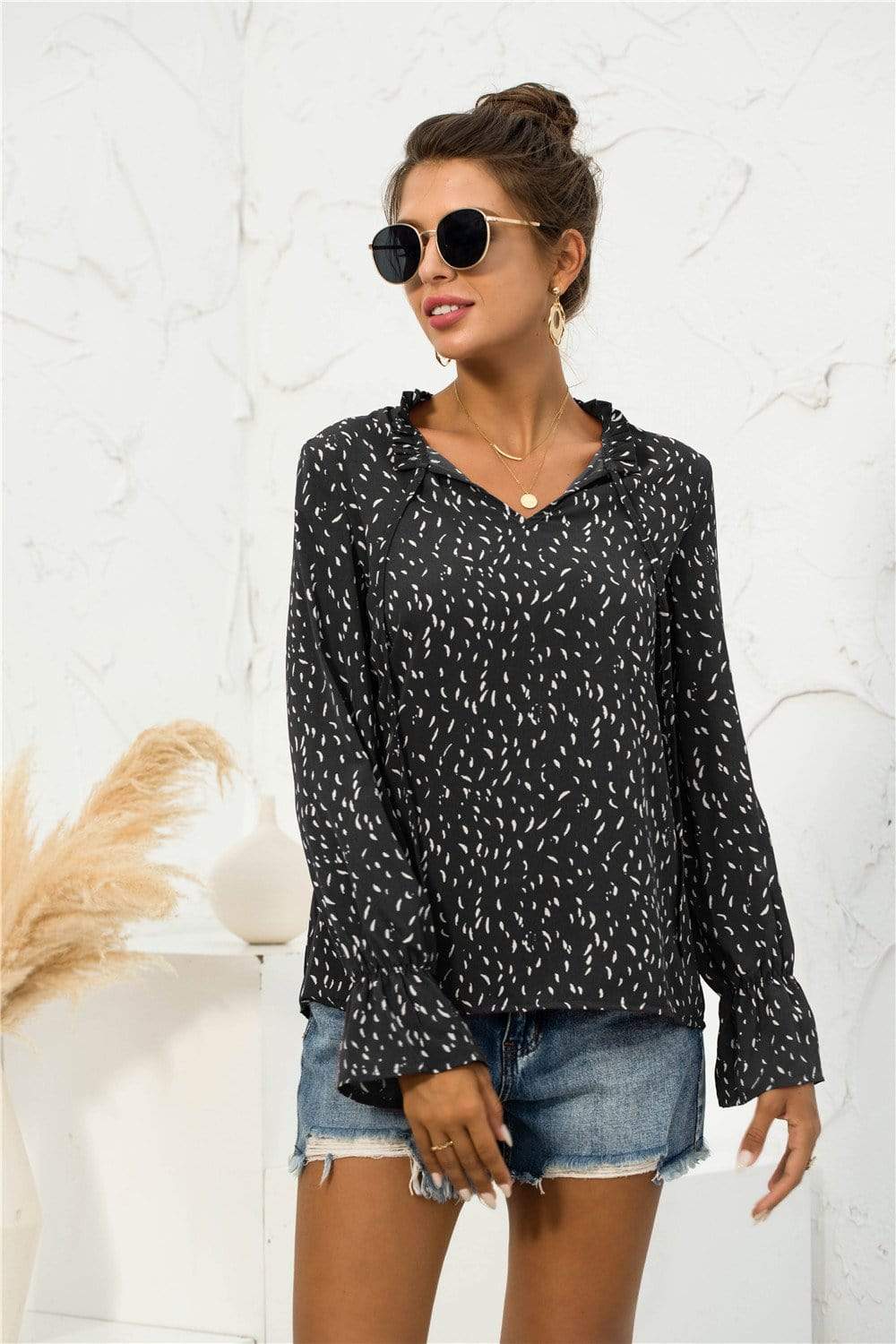 Anna-Kaci Dot Patterned Notched Collar Tied Sring Front Long Sleeve Ruffle Blouse Large 8-10 / Black