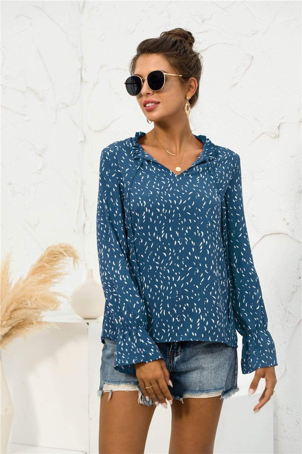 Anna-Kaci Dot Patterned Notched Collar Tied Sring Front Long Sleeve Ruffle Blouse Large 8-10 / Blue