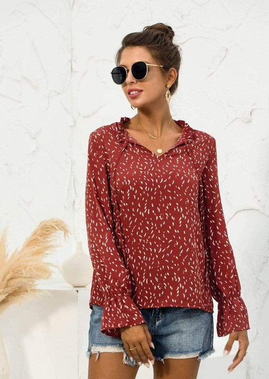 Anna-Kaci Dot Patterned Notched Collar Tied Sring Front Long Sleeve Ruffle Blouse Large 8-10 / Rustic Red