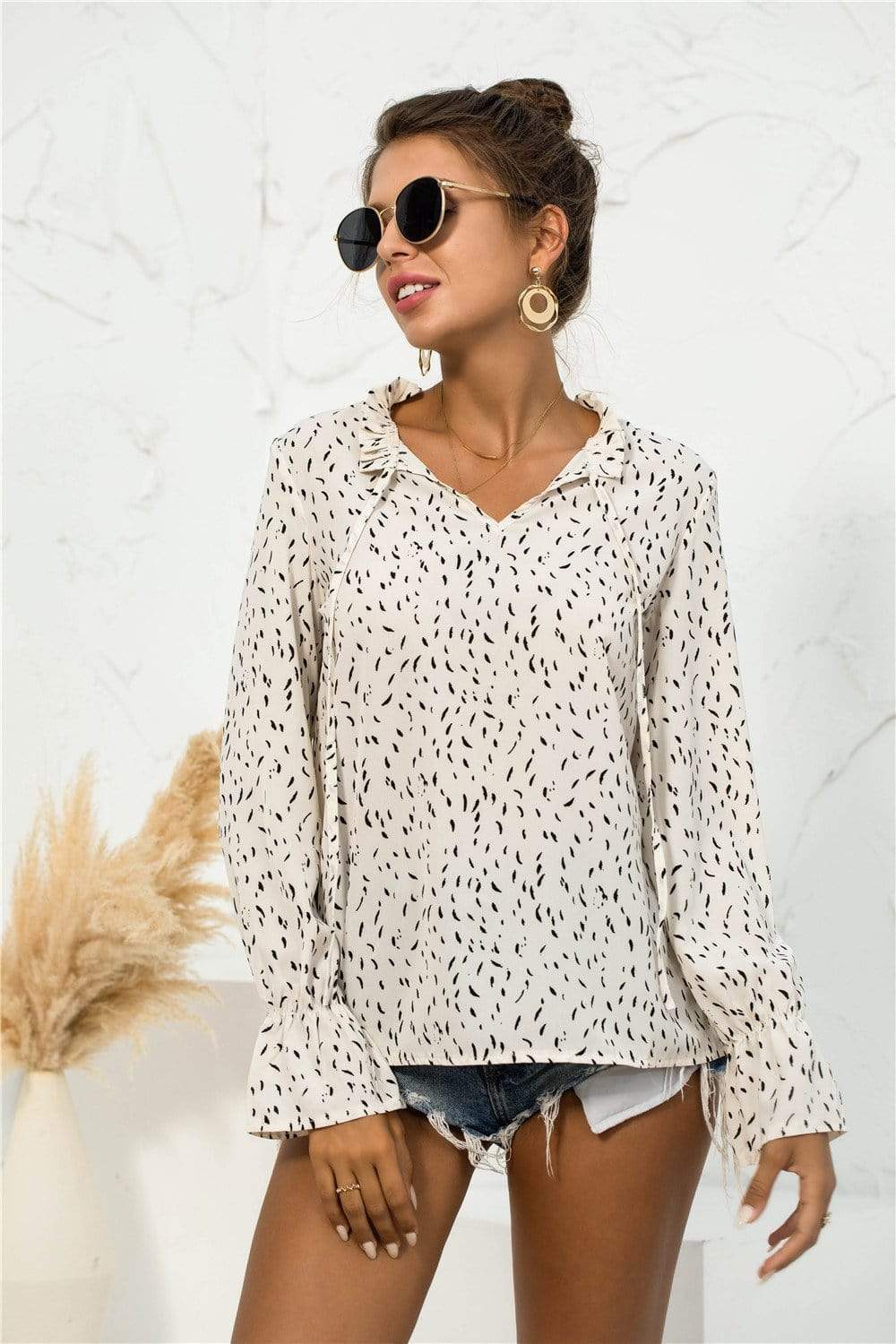 Anna-Kaci Dot Patterned Notched Collar Tied Sring Front Long Sleeve Ruffle Blouse Large 8-10 / White