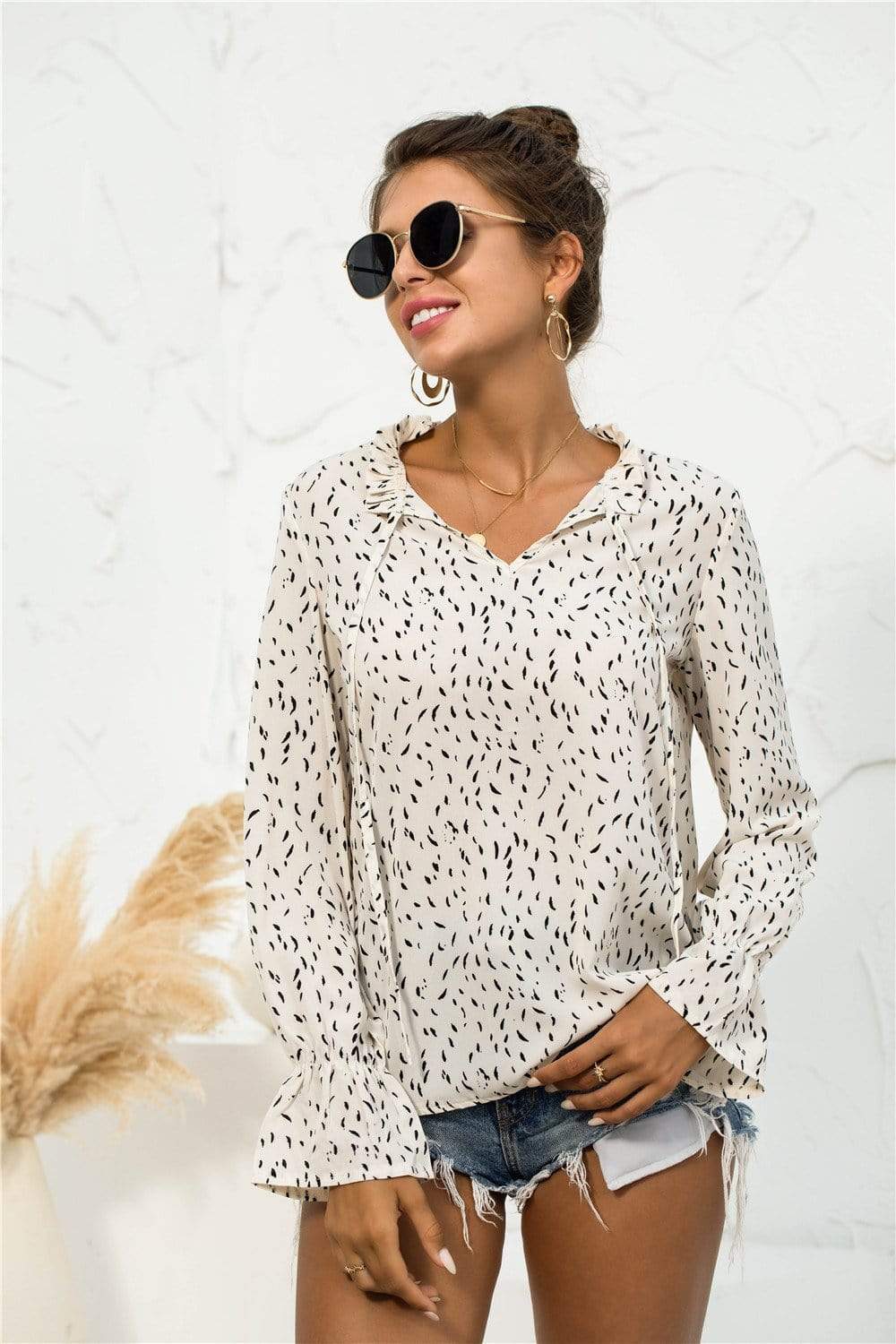 Anna-Kaci Dot Patterned Notched Collar Tied Sring Front Long Sleeve Ruffle Blouse