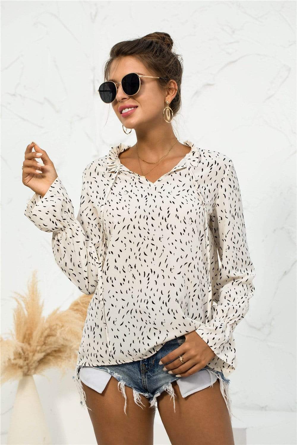 Anna-Kaci Dot Patterned Notched Collar Tied Sring Front Long Sleeve Ruffle Blouse