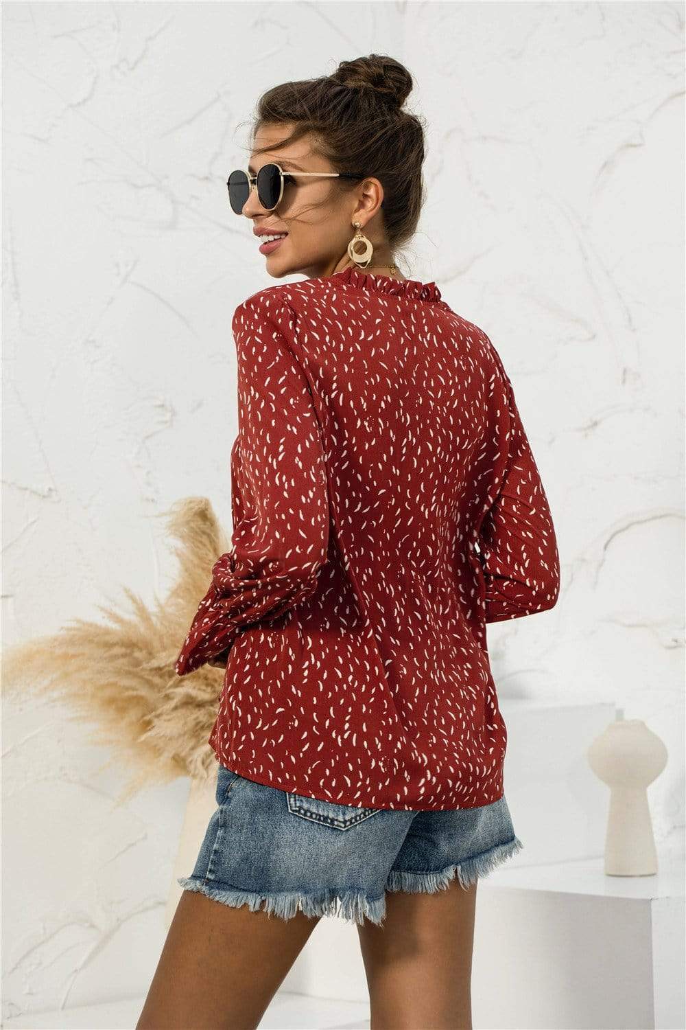 Anna-Kaci Dot Patterned Notched Collar Tied Sring Front Long Sleeve Ruffle Blouse