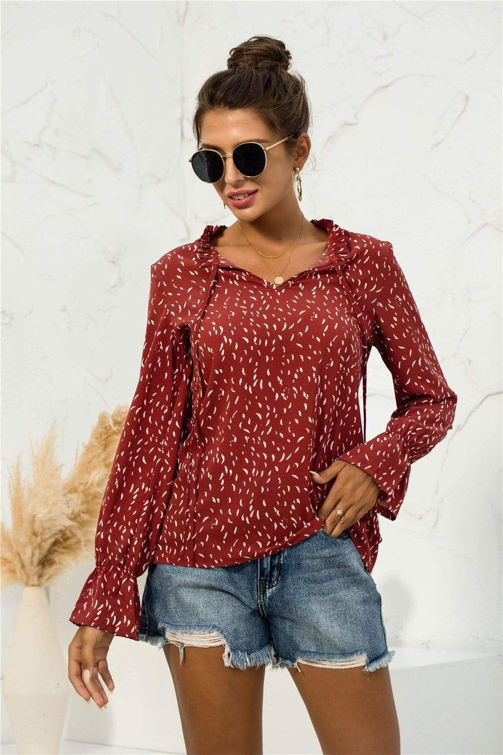 Anna-Kaci Dot Patterned Notched Collar Tied Sring Front Long Sleeve Ruffle Blouse