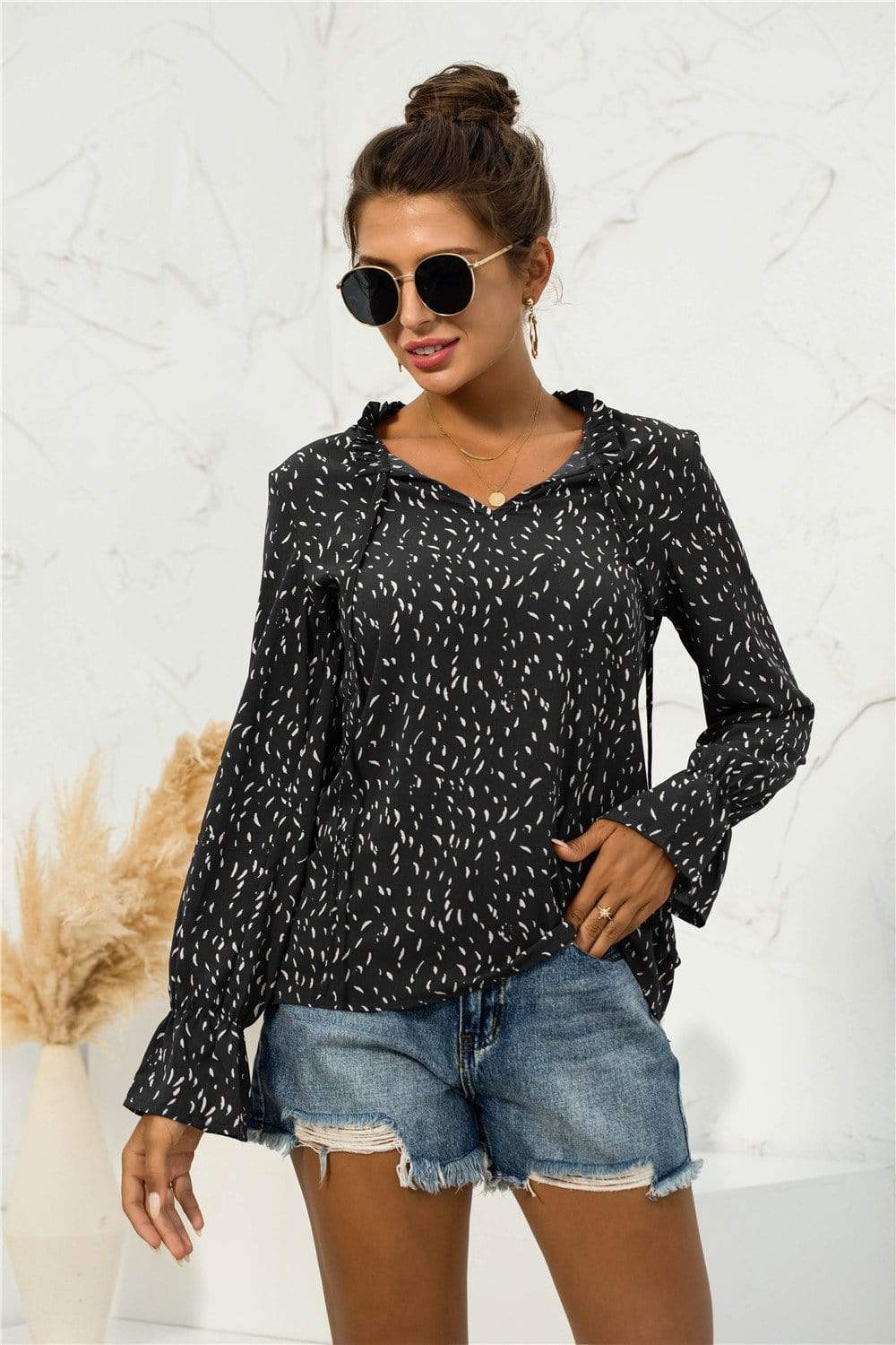 Anna-Kaci Dot Patterned Notched Collar Tied Sring Front Long Sleeve Ruffle Blouse