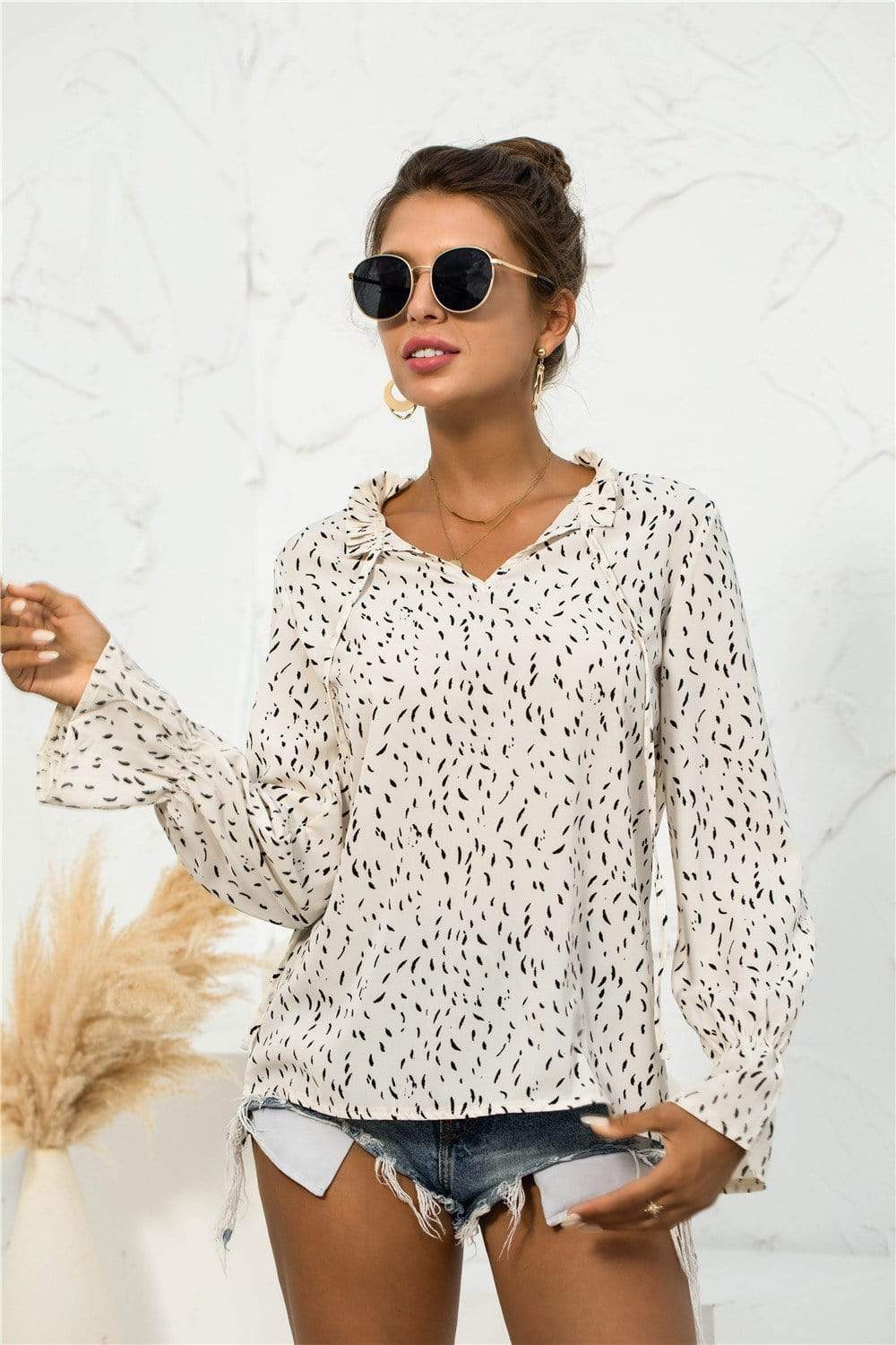 Anna-Kaci Dot Patterned Notched Collar Tied Sring Front Long Sleeve Ruffle Blouse