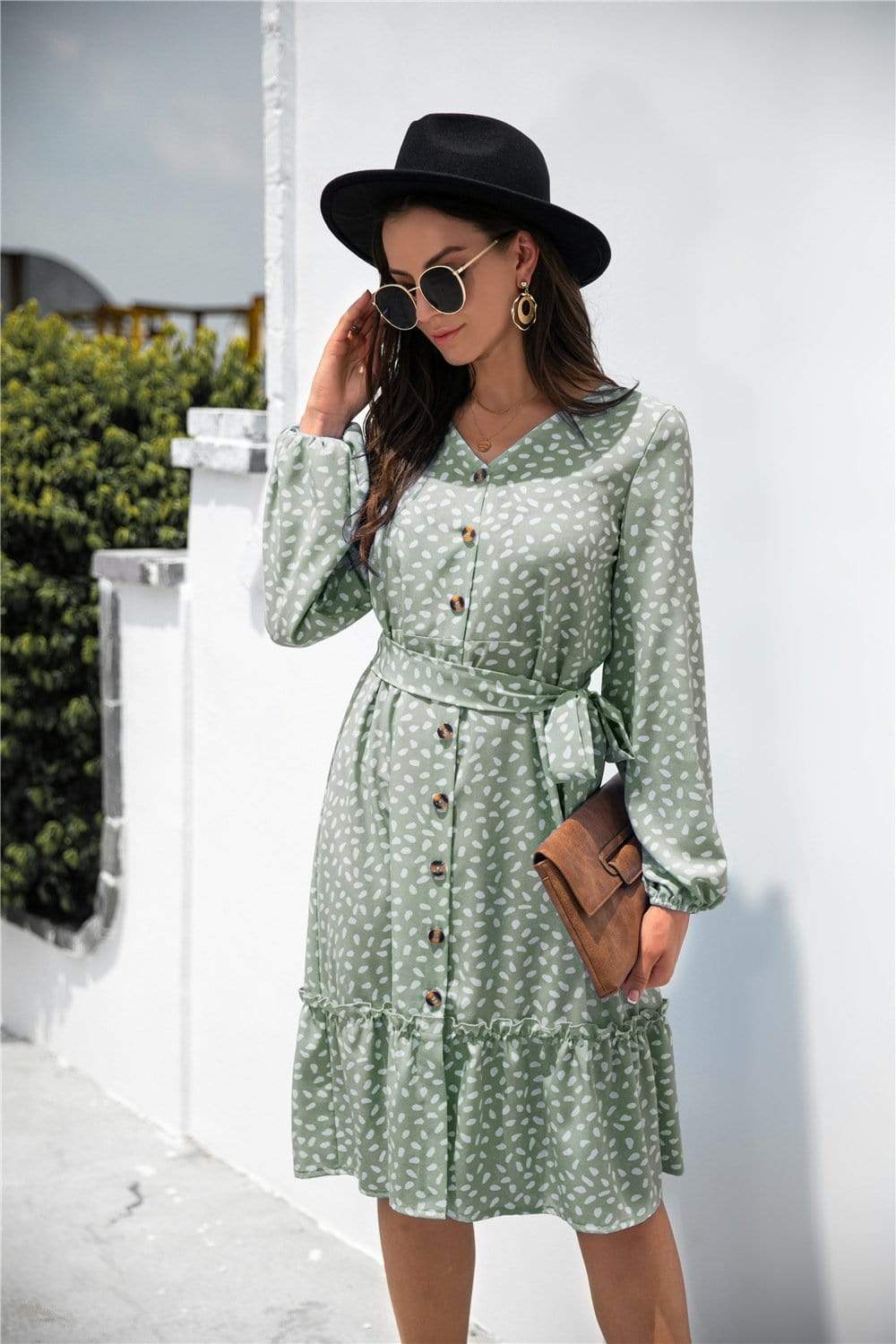 Anna-Kaci Dot Print Button Ruffle Tunic Dress V Neck Long Sleeve for Women