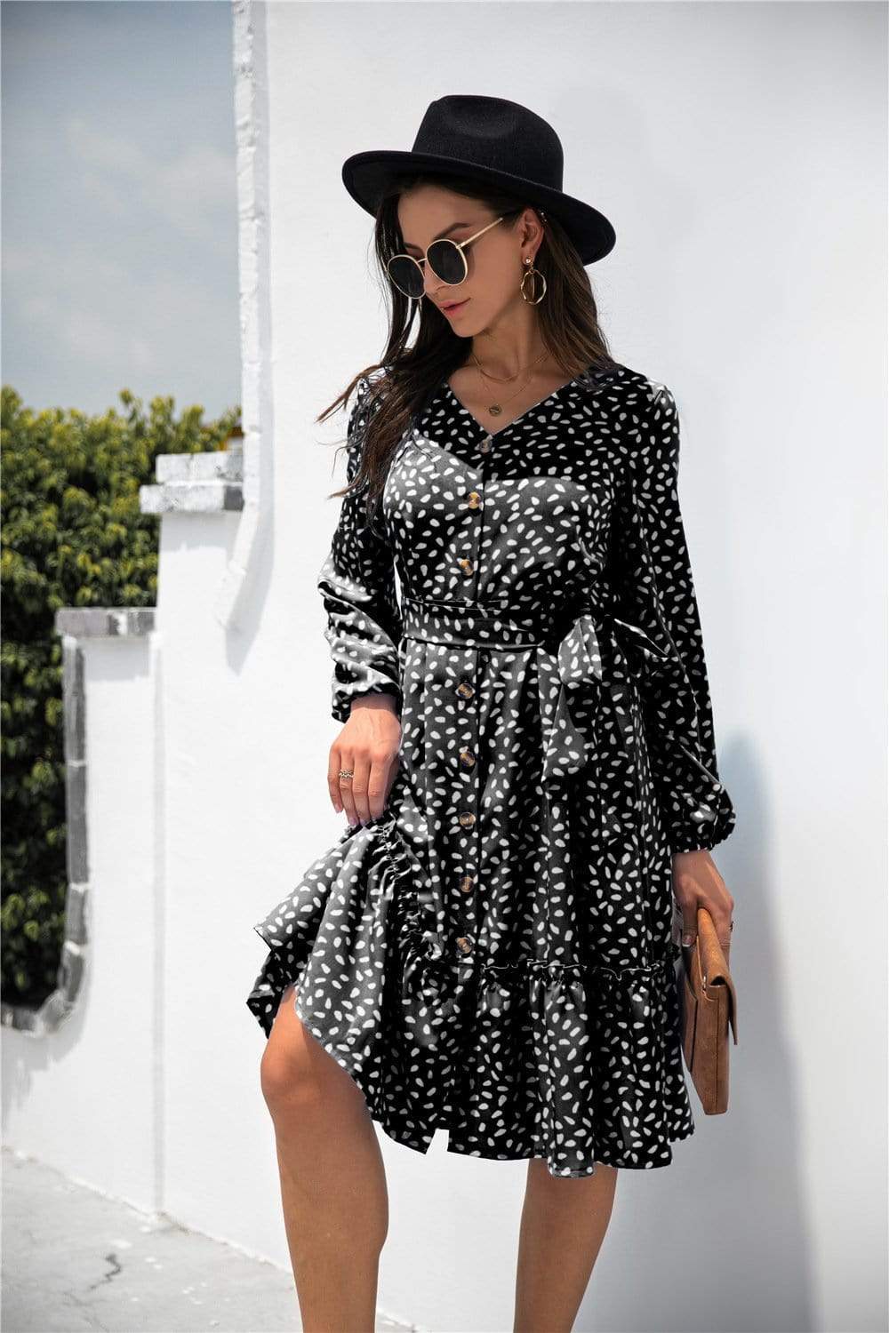 Anna-Kaci Dot Print Button Ruffle Tunic Dress V Neck Long Sleeve for Women