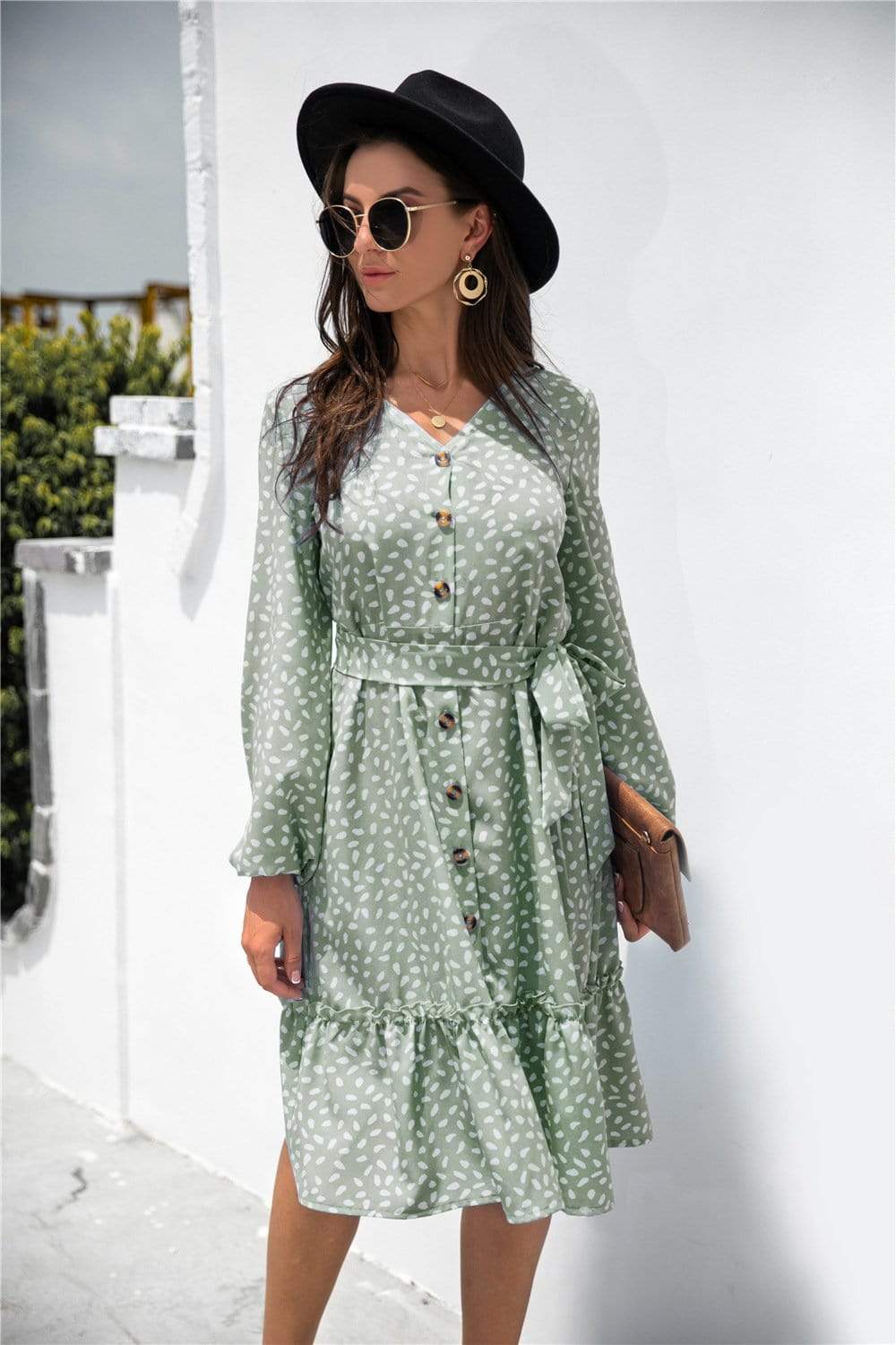 Anna-Kaci Dot Print Button Ruffle Tunic Dress V Neck Long Sleeve for Women Large 8-10 / Green