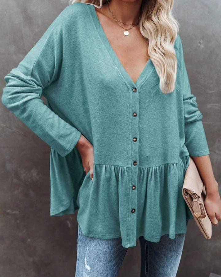 Anna-Kaci Drop Shoulder Button Down Long Sleeve Peplum Blouse for Women