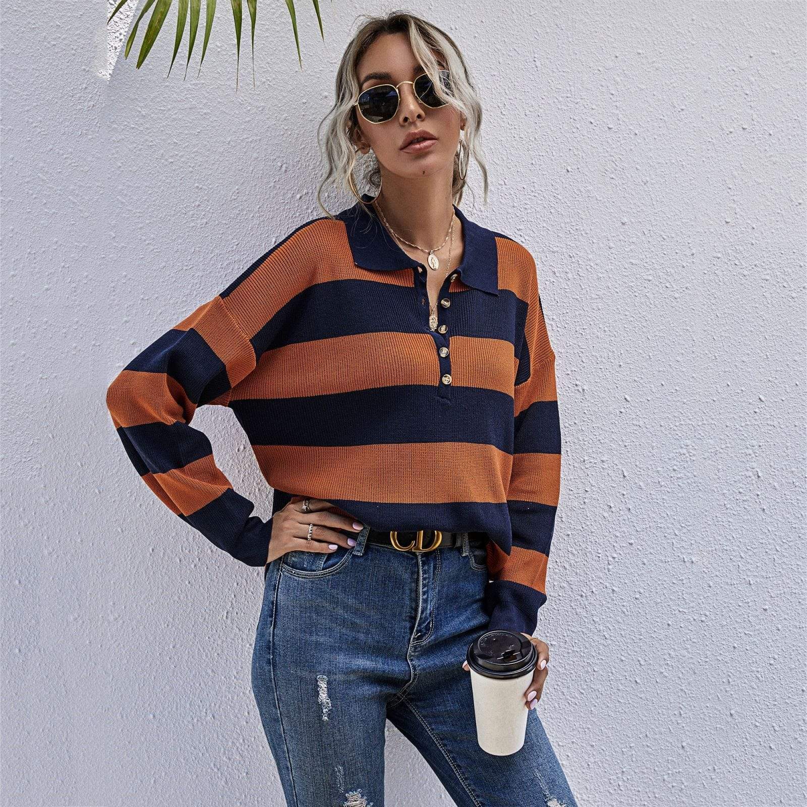 Anna-Kaci Drop Shoulder Half Placket Collared Striped Sweater for Women