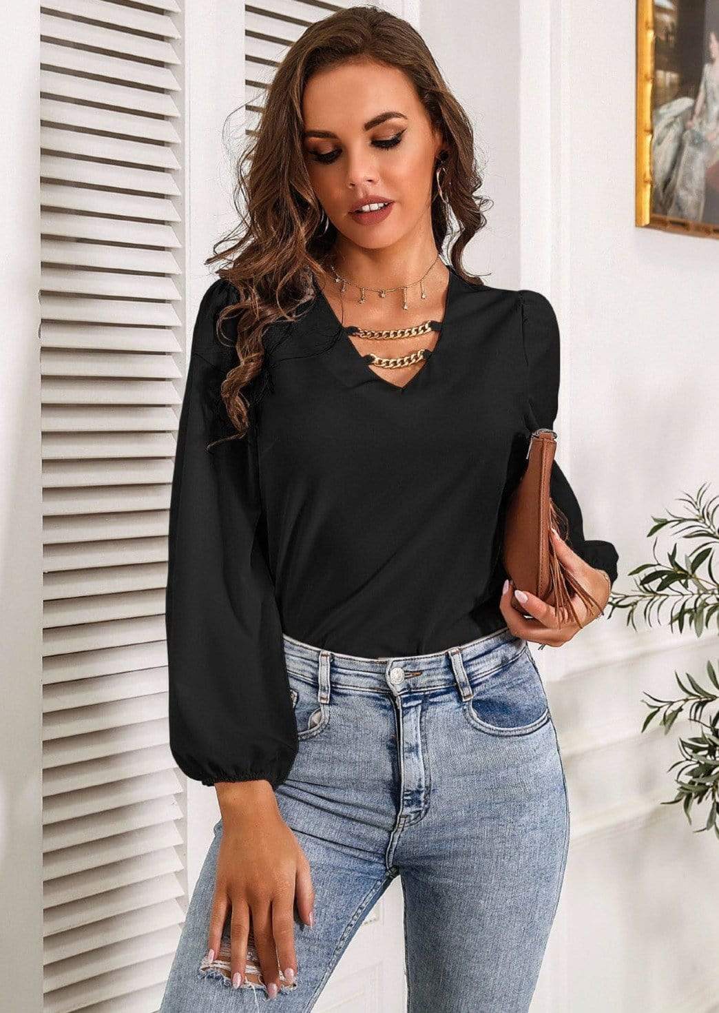 Anna-Kaci Dual Chain Neck Long Sleeve Blouse Top V Neckline for Women 2XL 12-14 / Black