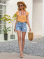 Anna-Kaci Embroidered Boho Yoke Ruffle Short Sleeve Blouse Round Neck Keyhole Back Small 0-4 / Sunrise Yellow