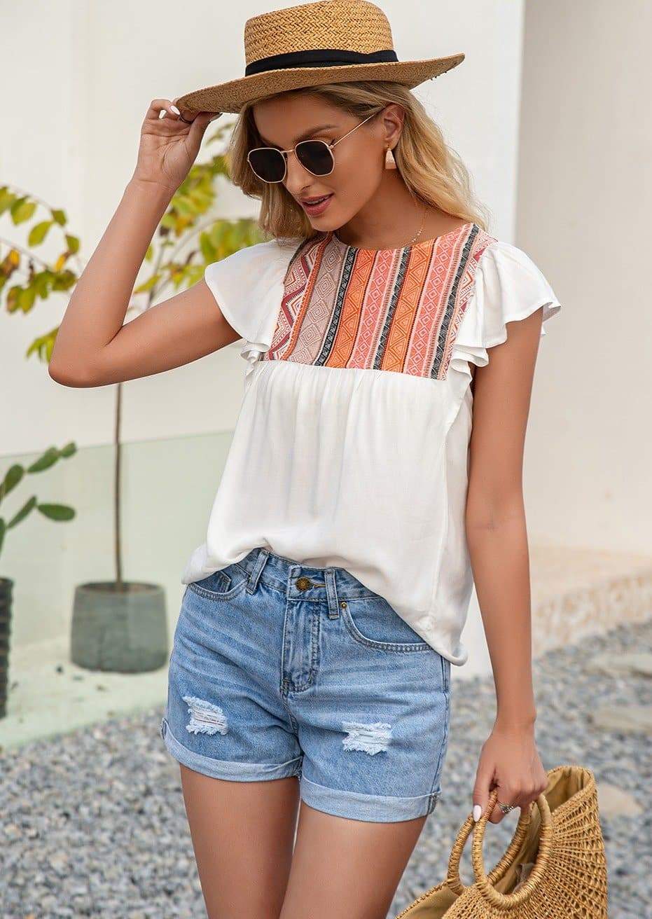 Anna-Kaci Embroidered Boho Yoke Ruffle Short Sleeve Blouse Round Neck Keyhole Back Small 0-4 / White