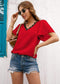 Anna-Kaci Eyelash Lace Trim V Neck Top Short Dolman Sleeves for Women Large 8-10 / Red