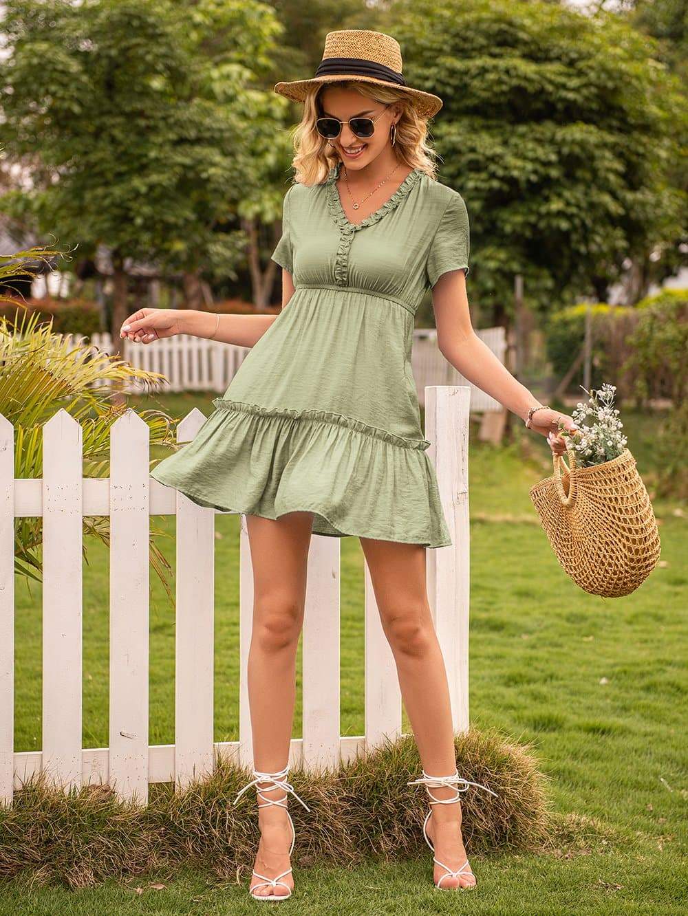 Anna-Kaci Flared Flounce Swing Dress with Ruffle Neckline Skater Short Dress Small 0-4 / Forest Green