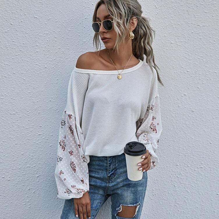 Anna-Kaci Floral Clip Dot Long Sleeve Waffle Knit Pull Over Top for Women