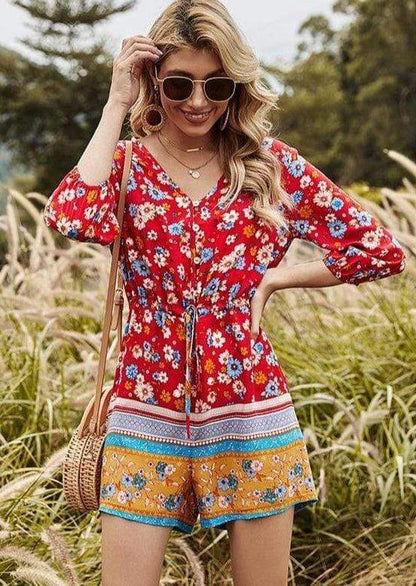 Anna-Kaci Floral Daisy Print Boho Tunic Romper Button Up Tied Waist Large 8-10 / Red