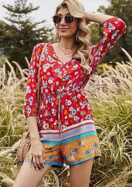 Anna-Kaci Floral Daisy Print Boho Tunic Romper Button Up Tied Waist