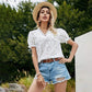 Anna-Kaci Floral Eyelet Embroidery Puffed Short Sleeve V Neck Blouse for Women