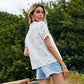 Anna-Kaci Floral Eyelet Embroidery Puffed Short Sleeve V Neck Blouse for Women