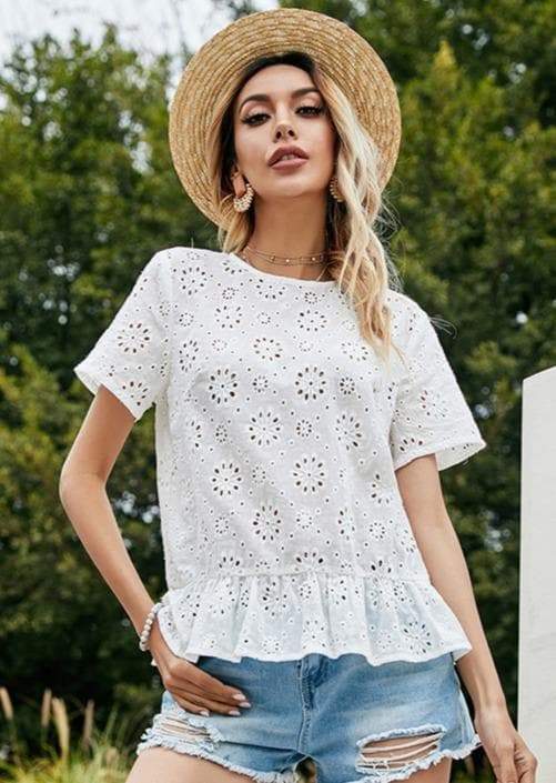 Anna-Kaci Floral Eyelet Embroidery Short Sleeve Ruffle Peplum Blouse for Women Small 0-4
