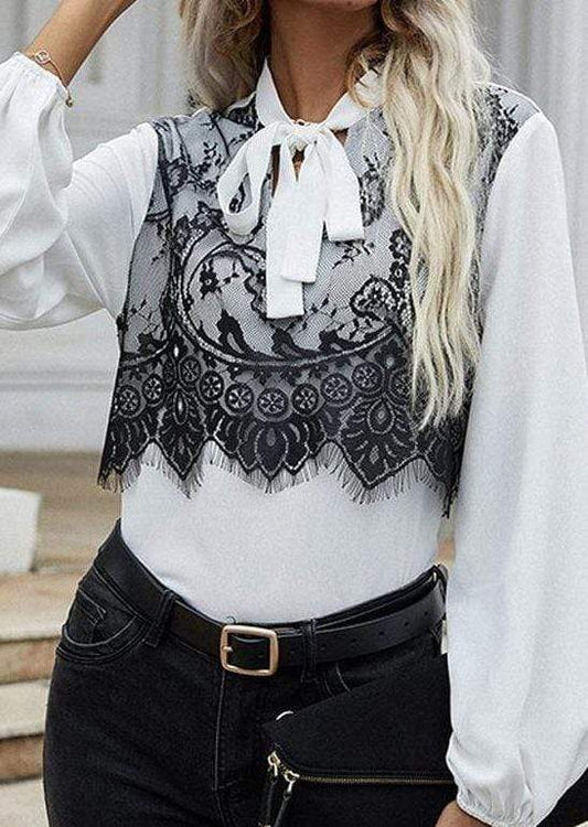 Anna-Kaci Floral Mesh Layered Yoke Cowgirl Tied Neck Collar Long Sleeve Top for Women