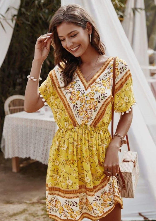 Anna-Kaci Floral Paisley Printed V-Neck Gathered Tunic Dress Short Sleeve for Women