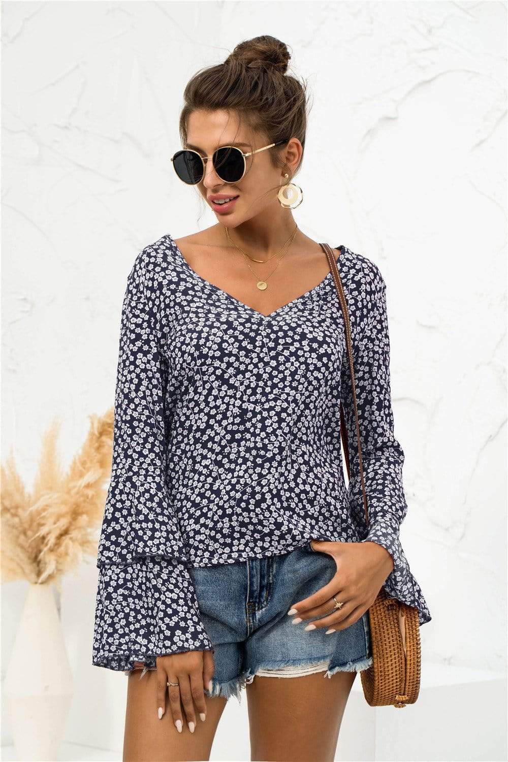 Anna-Kaci Floral Patterned V Neck Bell Long Sleeve Top for Women