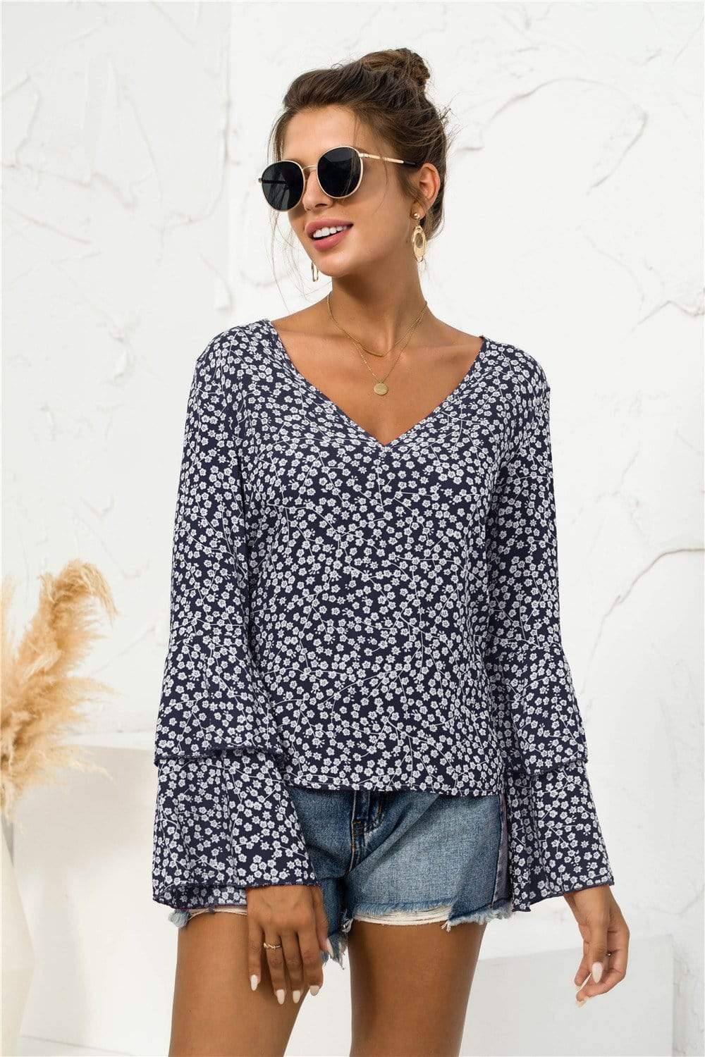 Anna-Kaci Floral Patterned V Neck Bell Long Sleeve Top for Women