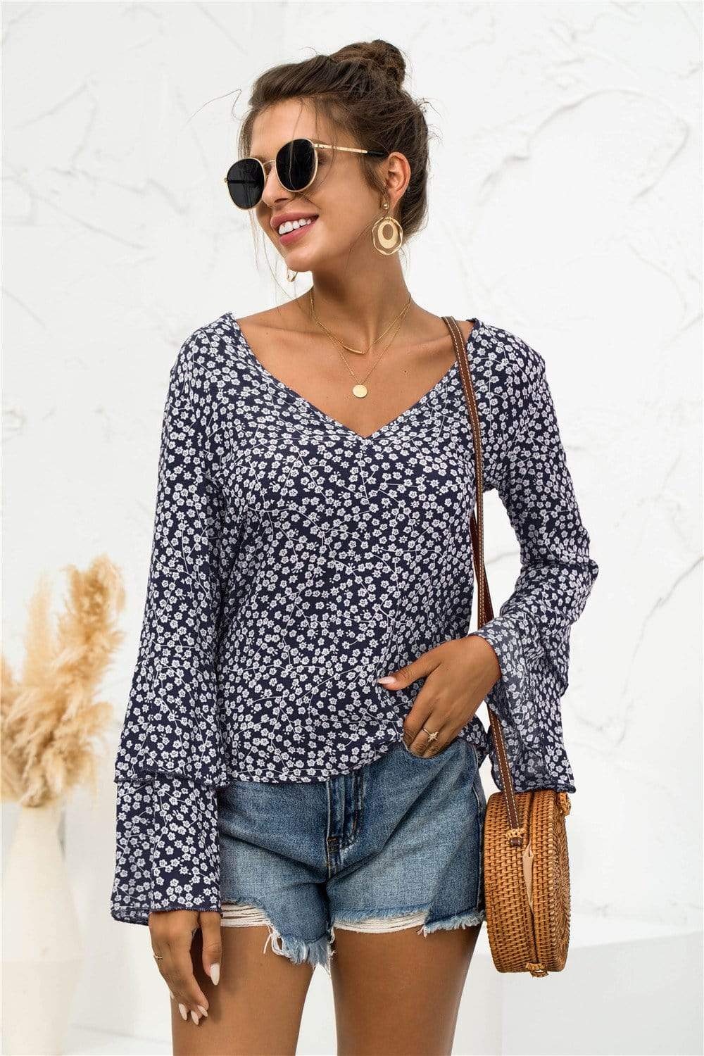 Anna-Kaci Floral Patterned V Neck Bell Long Sleeve Top for Women