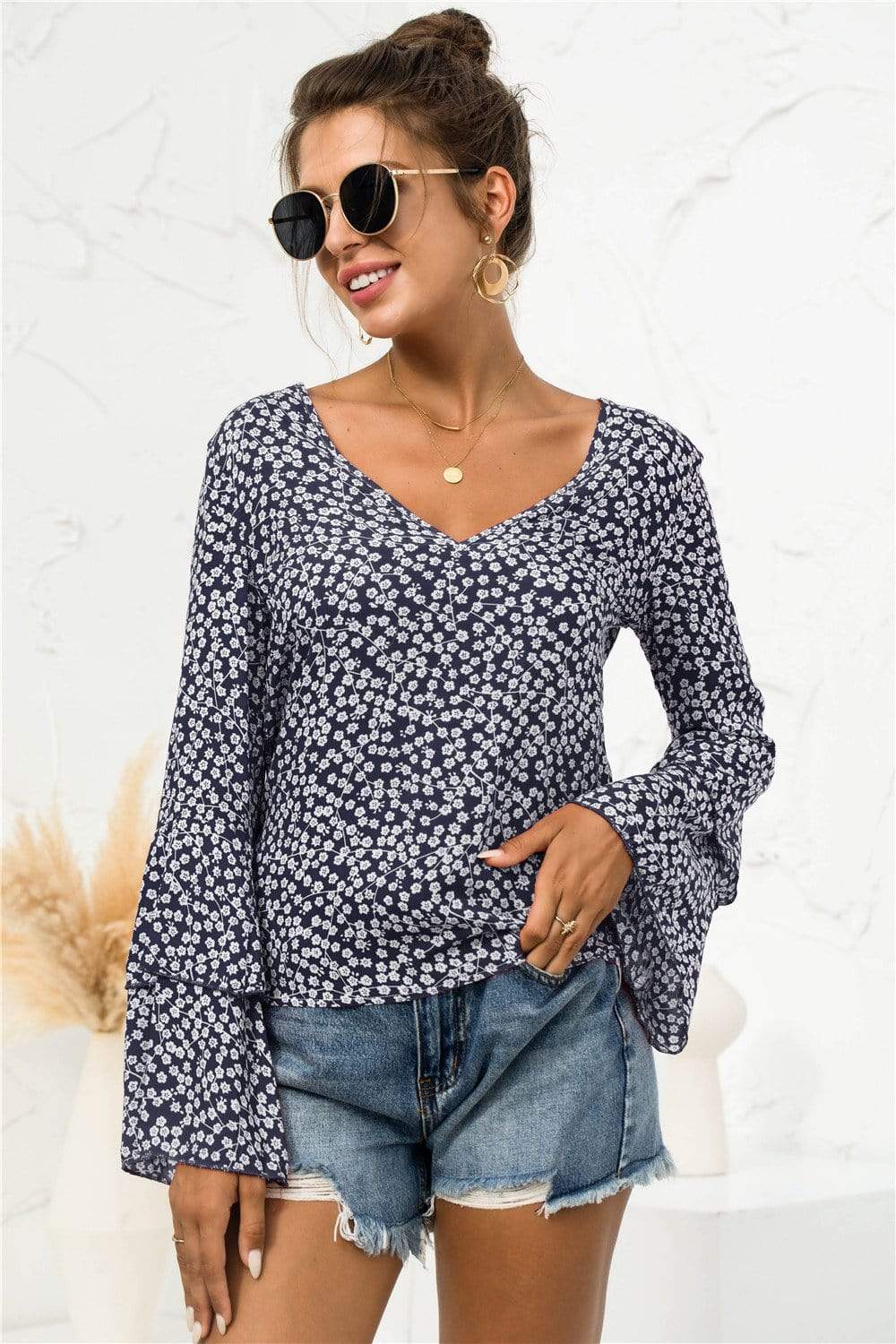 Anna-Kaci Floral Patterned V Neck Bell Long Sleeve Top for Women