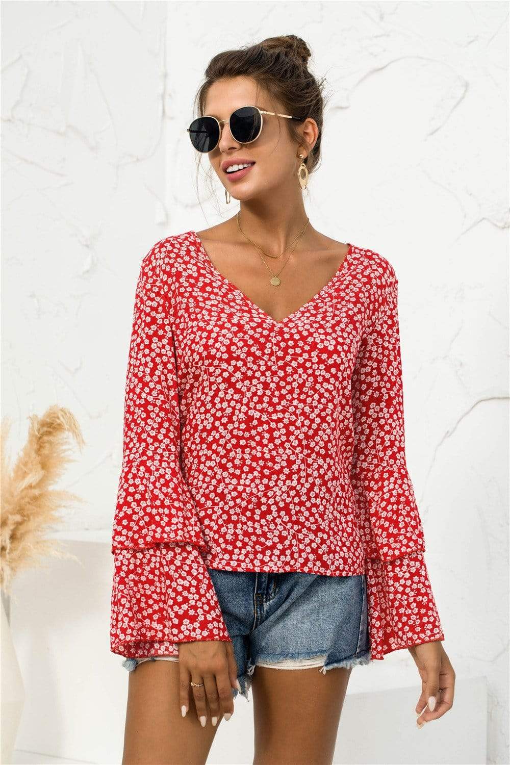 Anna-Kaci Floral Patterned V Neck Bell Long Sleeve Top for Women