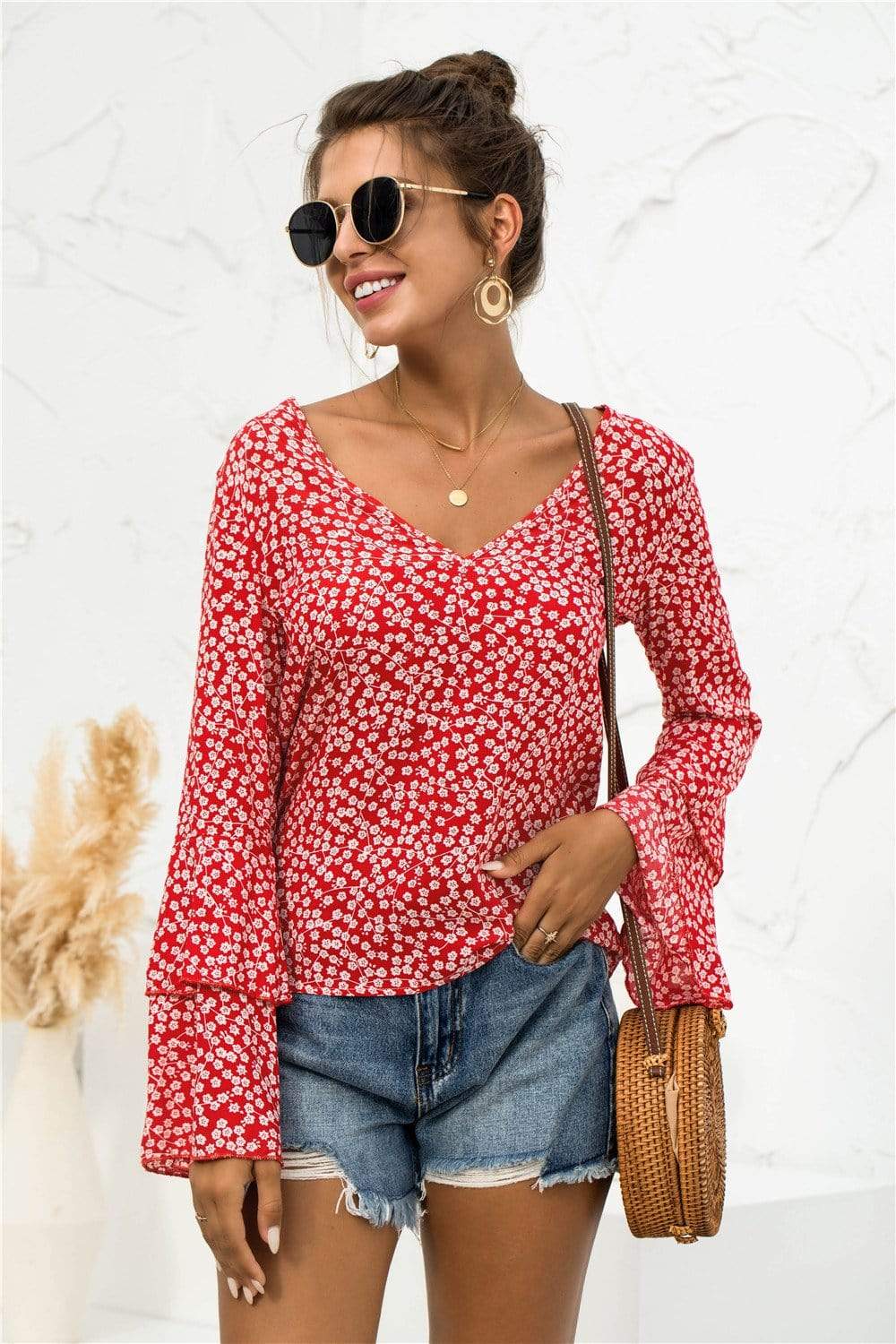 Anna-Kaci Floral Patterned V Neck Bell Long Sleeve Top for Women