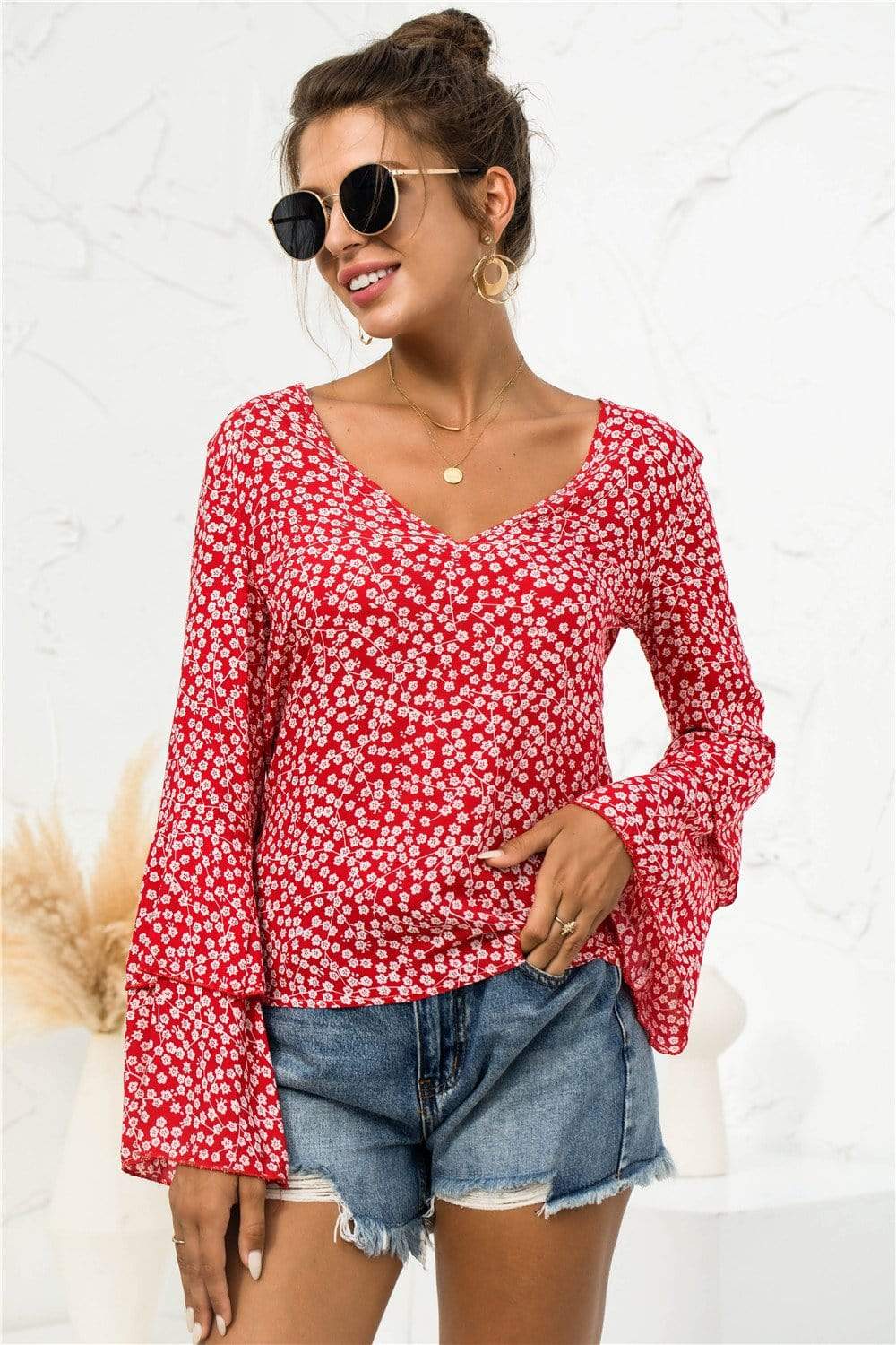 Anna-Kaci Floral Patterned V Neck Bell Long Sleeve Top for Women