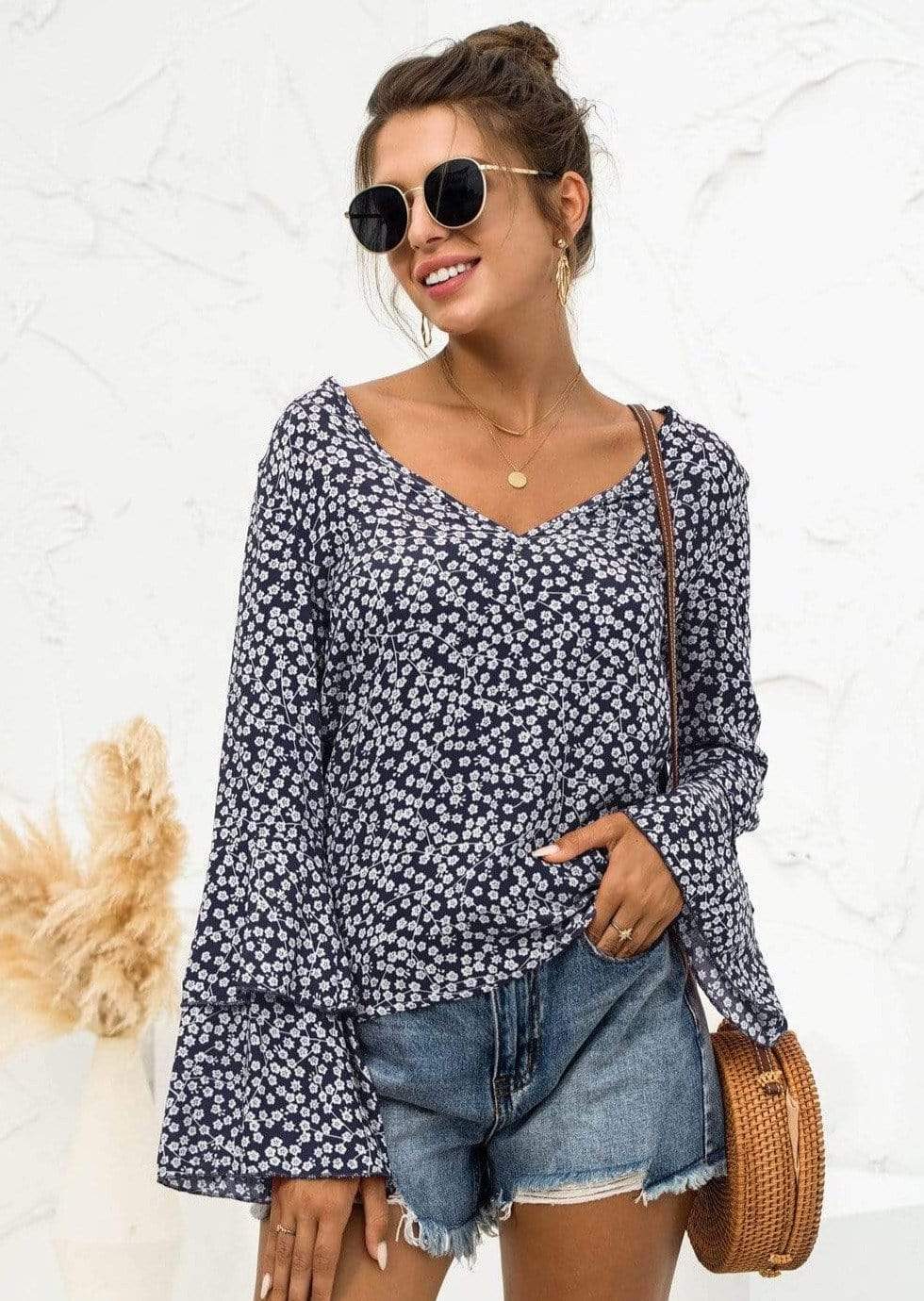 Anna-Kaci Floral Patterned V Neck Bell Long Sleeve Top for Women