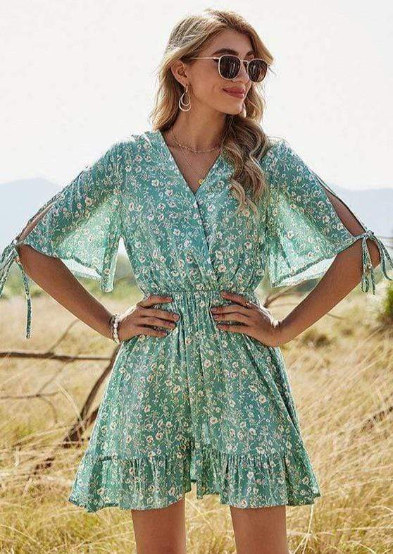 Anna-Kaci Floral Print Boho Cross Ruffle V Neck Short Sleeve Slit Tunic Dress