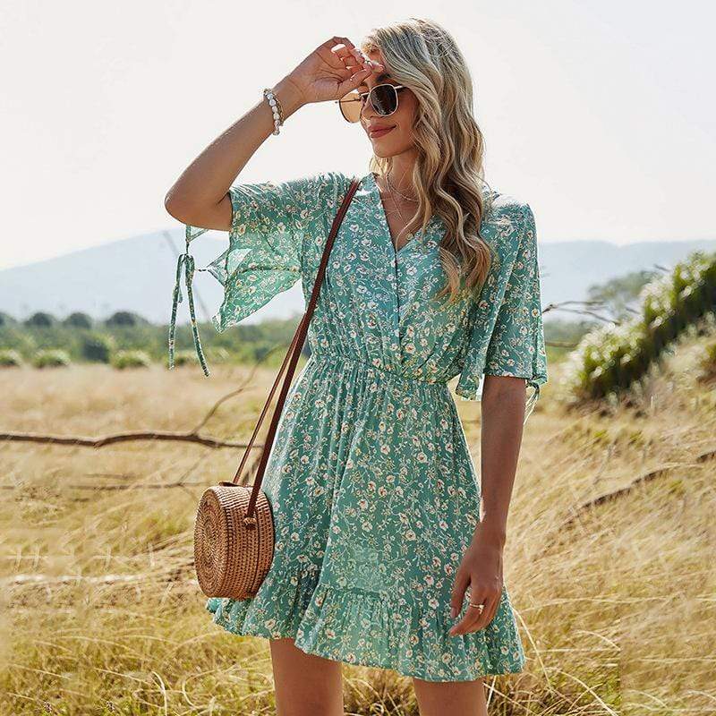 Anna-Kaci Floral Print Boho Cross Ruffle V Neck Short Sleeve Slit Tunic Dress