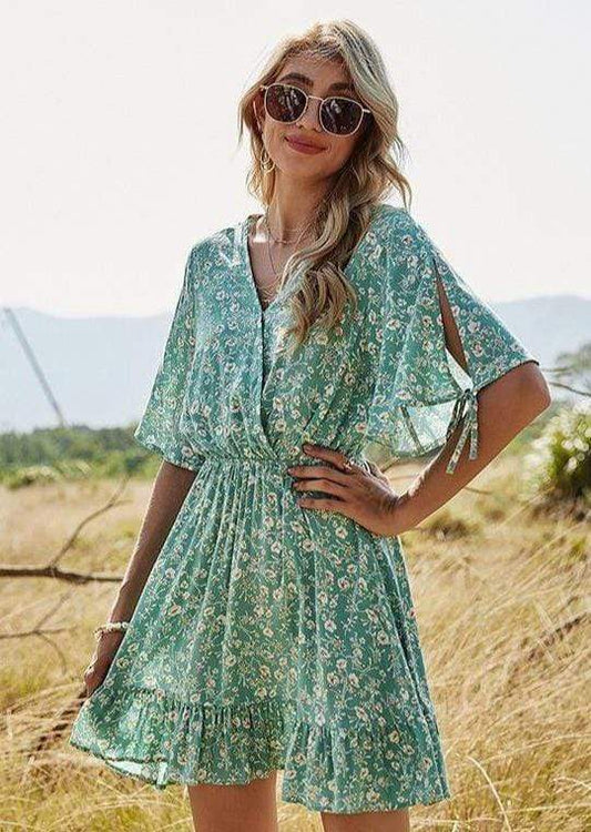 Anna-Kaci Floral Print Boho Cross Ruffle V Neck Short Sleeve Slit Tunic Dress Small 0-4 / Green