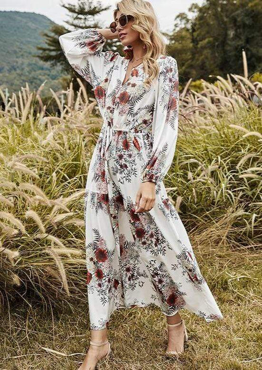 Anna-Kaci Floral Print Long Sleeve Ankle Length Maxi Dress Tied Waist for Women