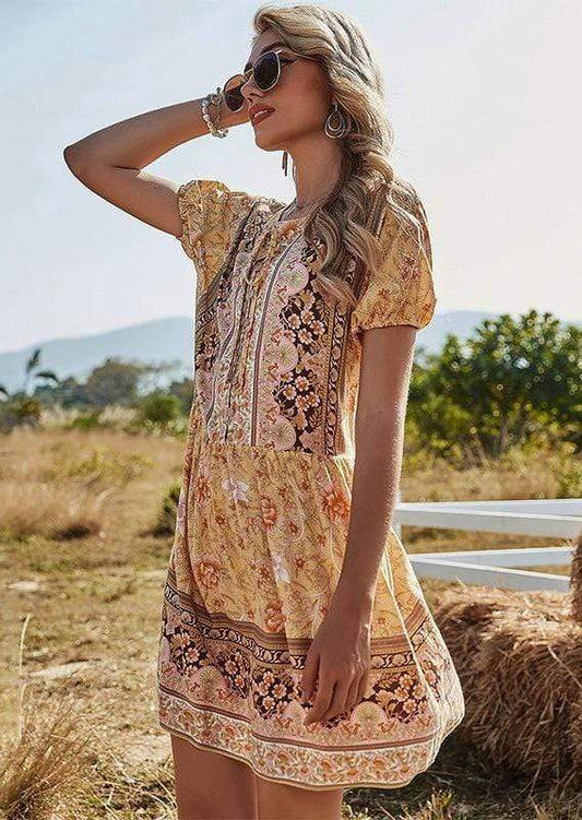 Anna-Kaci Floral Print Peach Bohemian Tunic Dress Above Knee for Women Large 8-10 / Orange