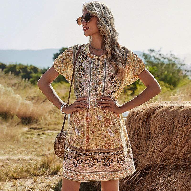Anna-Kaci Floral Print Peach Bohemian Tunic Dress Above Knee for Women