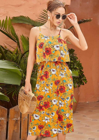 Anna-Kaci Floral Print Tie Bust Midi Cami Dress for Women Large 8-10 / Yellow