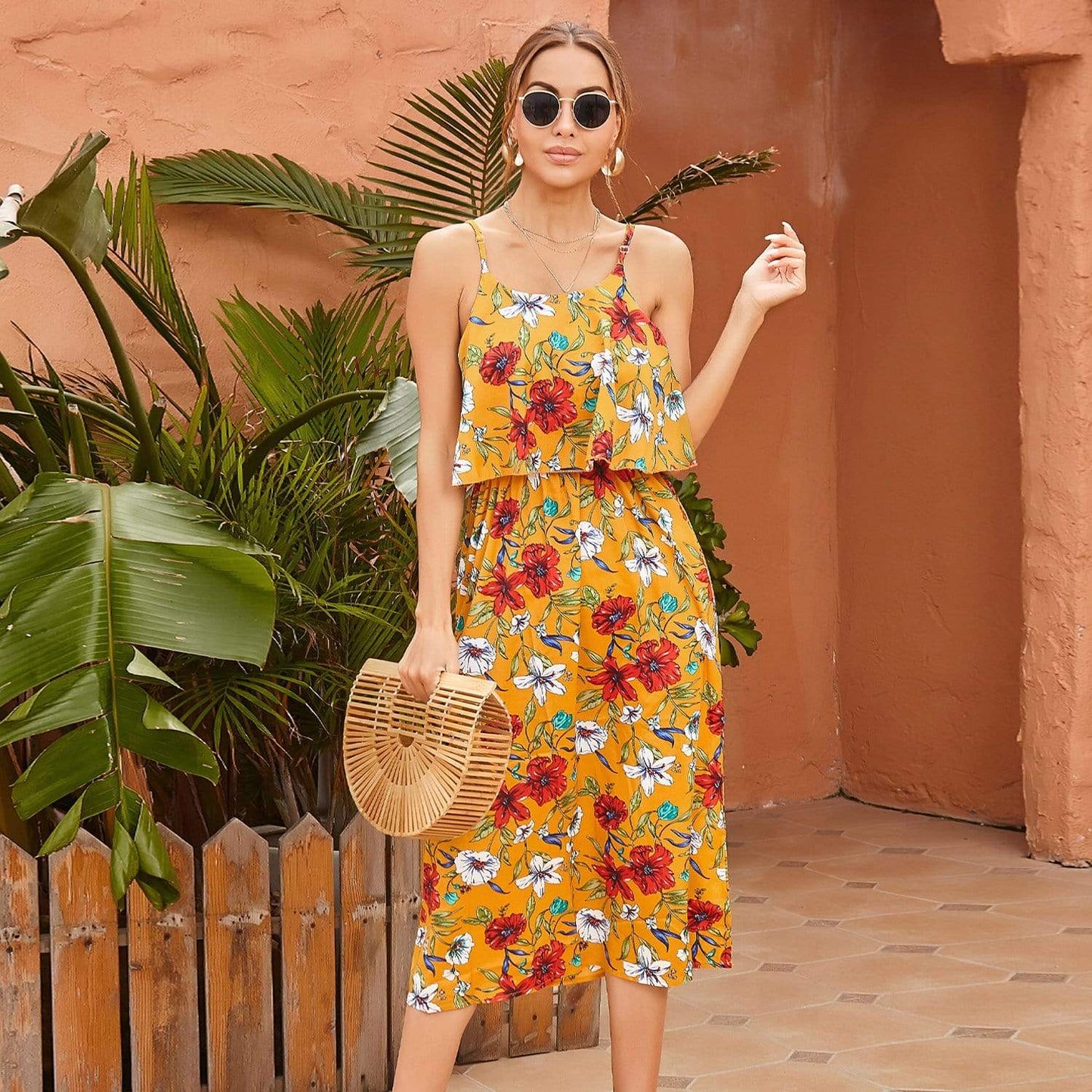 Anna-Kaci Floral Print Tie Bust Midi Cami Dress for Women